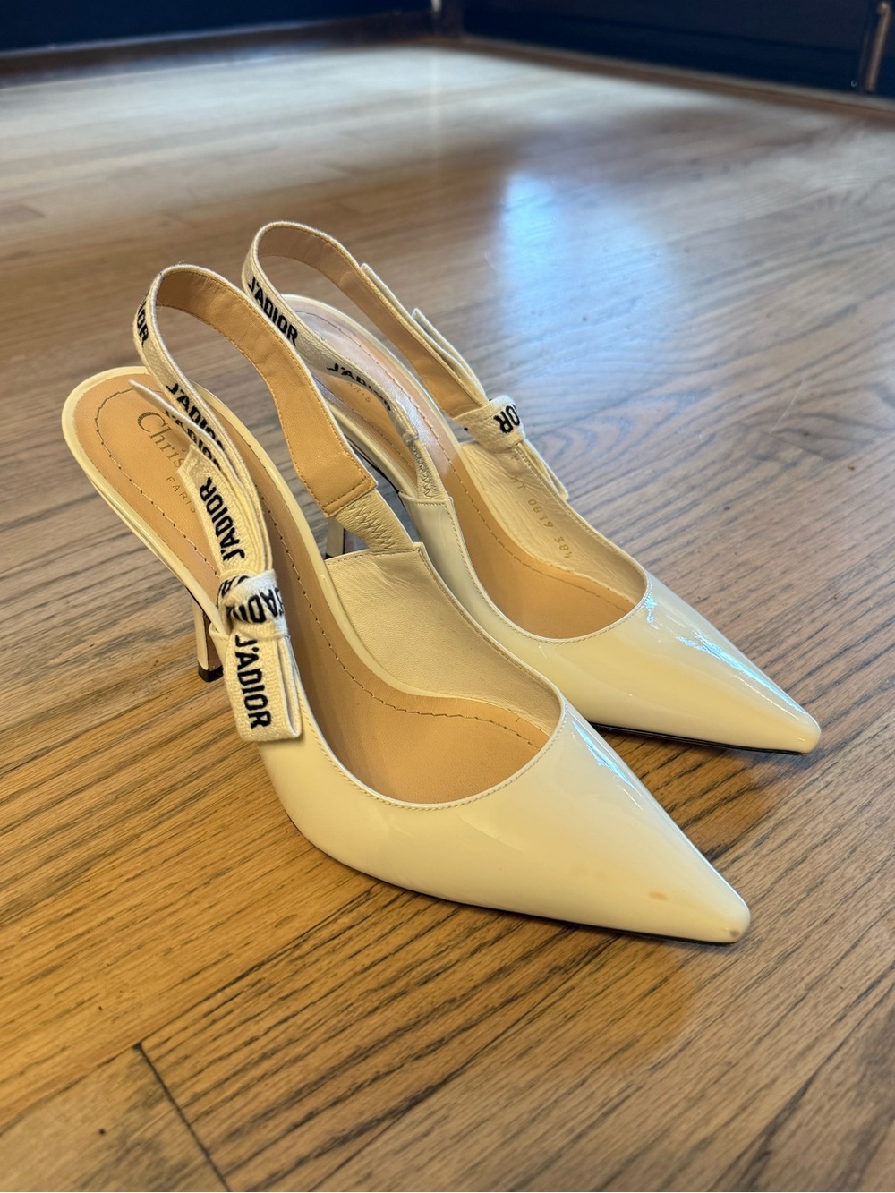 Dior Cream Patent Leather Slingback Pumps with J'Adior Ribbon